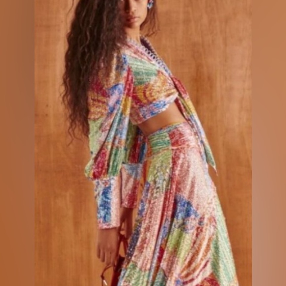 Celia B CeliaB Fuji Sequin Rainbow Top Wrap Blouse shirt XS Disco Party Dopamine - Picture 3 of 15